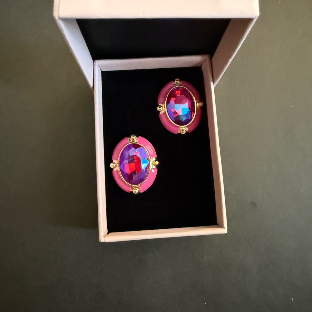 Vibrant Pink Oval Crystal Earrings with Gold Accents